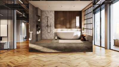 The Bath and toilet on bathroom japanese wabi sabi style .3D rendering Wall mural