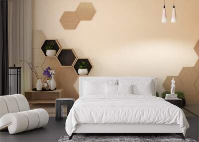 Wooden Hexagon shelf and wooden hexagon tiles design on japan ryokan design tatami mat and wooden wall with decoration japanese style.3D rendering Wall mural