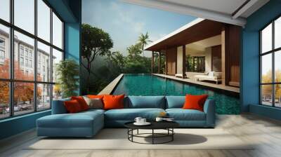 Luxury with tropical Jungle villa resort luxurious swimming pool. Generative AI illustration Wall mural