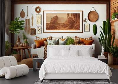 Mockup frame in interior background, room in warm tone, Scandi-Boho style, Generative AI Wall mural