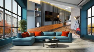 Luxury living room interior with wood slat wall Wall mural