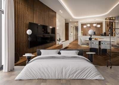 Modern living room interior with brown wooden floor and wall Wall mural