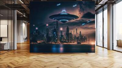 ufo over city made with generative ai Wall mural