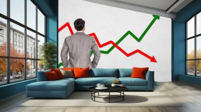 Back view of standing businessman looking stock market graph on white background Wall mural