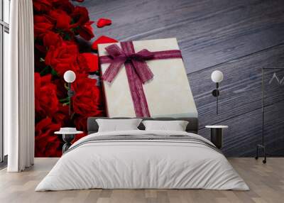 Gift box with red rose and hearts on wooden background .Valentine day concept Wall mural