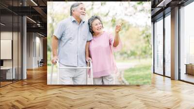 Portrait of happy loving senior Asian couple walking with walker in the park Wall mural