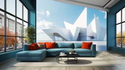 3D render of a modern abstract geometric shapes futuristic architecture with a car park, and empty concrete floor on a blue sky background. Modern white abstract for product presentation, or display. Wall mural