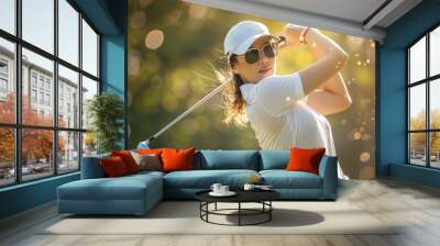 A Beautiful professional woman in golfer wearing sports wear in a golf tournament on beautiful green course. Wall mural