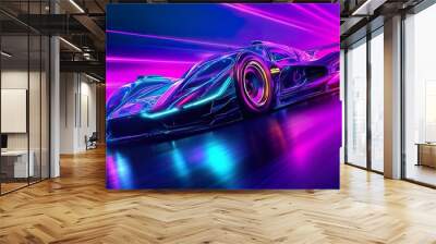 A futuristic concept car with aerodynamic lines and glowing accents, driving through a neon-lit cityscape Wall mural