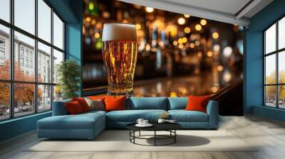 A glass of beer on the bar counter is in the foreground, with a bar blurred background. Wall mural