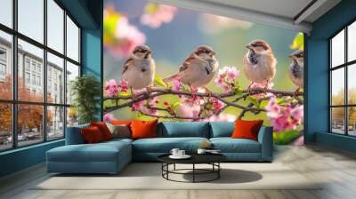 A group of little funny birds and birds chicks sit on the branches of an apple tree with pink flowers in a sunny and singing in spring garden Wall mural