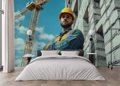 A young male mason worker wearing a uniform and safety helmet is working with a trowel at a construction site building a brick wall. A tower crane in the background. Wall mural