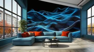 Abstract blue gradient hologram dynamic wave of particles. Digital wallpaper technology background Wall mural