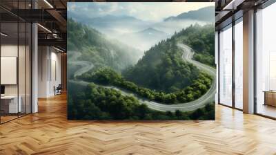 Aerial view of a winding road in a high mountain passes through dense green pine woods. Wall mural