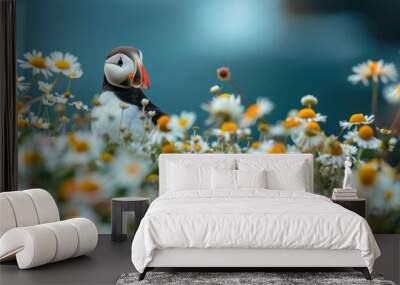 Atlantic Puffin, (Fratercula arctica) cliff top Hebidish Coas, Photo of a Puffin bird in Iceland, during the summer, beautiful nature with daisies with a blue sea and flowers, natural background. Wall mural