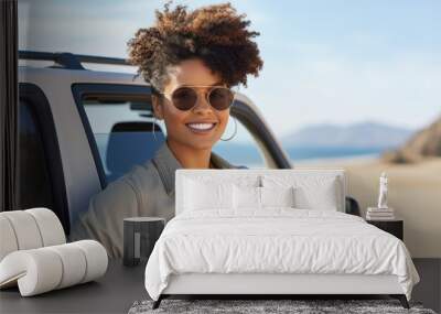 Black woman on the road, enjoying a view of the desert and traveling in SUV on a holiday road trip to South Africa. Travel adventure drive, summer vacation and explore the freedom of nature in the sun Wall mural