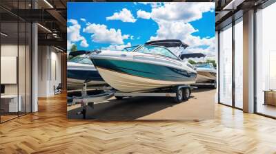 Boats on a trailer in the parking lot of a boat sports store for sale or rental, a sunny day with a blue sky in the background. luxury ship, maintenance, and parking place boat, marine industrial Wall mural