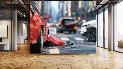 Car accident on a modern city street road, head-on collision side view. cars were damaged after a head-on collision, A car crash on the street damaged cars after a collision. Traffic rules violation. Wall mural