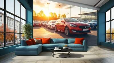 Car parked at outdoor parking lot. Used car for sale and rental service. Car insurance background. Automobile parking area. Car dealership and dealer agent concept. Automotive industry. Electric auto Wall mural