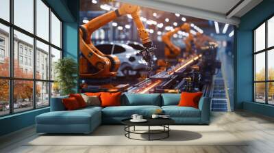 Car production line with robot arms in a car factory, a photo of a modern automotive plant using robotic arms to build cars on the assembly lines, side view Wall mural