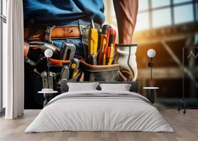 Close-up of a construction worker with a bag and tools kit worn on the waist. A maintenance worker with tools in a tools belt and artisan equipment. Wall mural