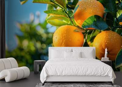 Close-up of oranges hanging on a branch, an orange tree in the garden against a blue sky on a sunny day, orange farm concept. Wall mural