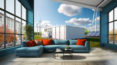 Concept of Modern energy storage batteries system, wind power, wind turbines and Li-ion battery container, and solar panels in the background. Panoramic view with copy space. Wall mural