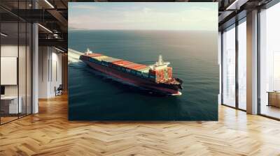 Container ships, business logistics import and export freight transportation by container ship in the harbor in the ocean at sunset sky background, cargo transportation industry concept, Wall mural