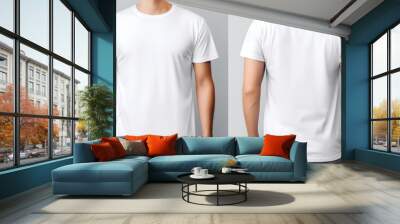 Front and back views of a young man in a stylish t-shirt isolated on a white background, Clipping Path, Mockup for design Wall mural