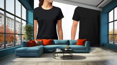 Front views of a young man and woman in a black t-shirt isolated on a white background. Mockup for design Wall mural