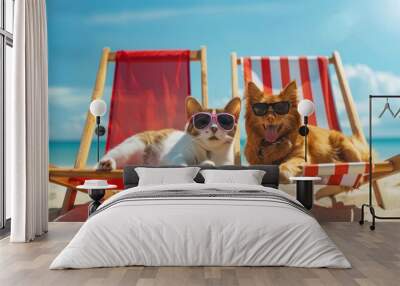 Happy cute dog and a cat wearing sunglasses lying on a deck chair at the beach, with a blue sky and sea background, summer vacation concept. Wall mural