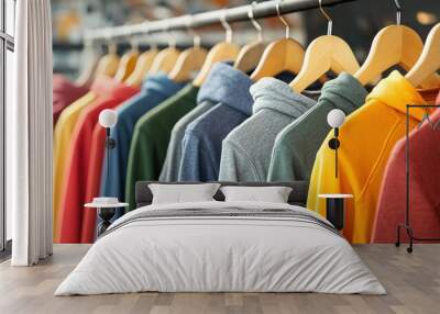 Hoodies of different colors and styles on clothes rack hangers in a modern clothing store or outdoor market, close-up Wall mural