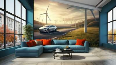 landscape and ev car or electric power car in front of wind turbines, surrounded by windmills with b Wall mural