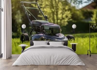 Lawn mower on green grass in a modern garden. Machine for cutting lawns. Wall mural