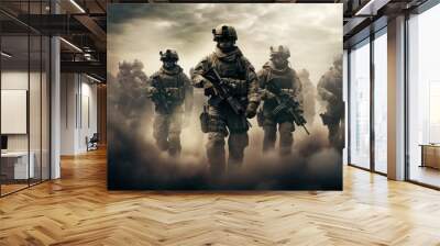 military men, A group of Several modern soldiers on a background of dusty and smoke, military operations, special operations. Wall mural