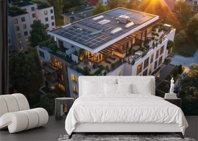 Modern eco-friendly passive house with solar panels on the rooftop. Home solar panel. Solar panels on the roof of a modern apartment building in city warm Sunset Light Wall mural