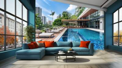 Modern residential buildings or apartment complexes with swimming pools and outdoor facilities, and new low-energy houses. Wall mural