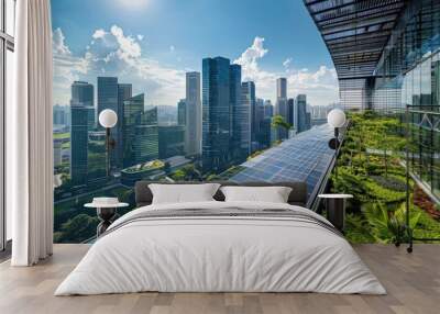 photovoltaic panels or solar panels on the roof of an apartment building in a tropical climate with a modern city skyline in background, with clear blue sky, green plants, sustainable energy concept,  Wall mural