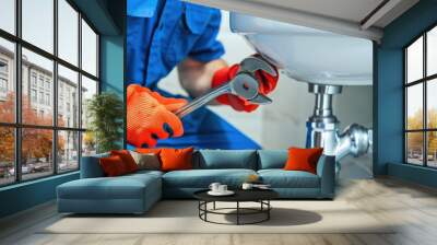 Plumbing, A professional plumber works in the bathroom for repair, home service, or maintenance, and a handyman jobs drainage, water system, and plumbing installation concepts. Wall mural