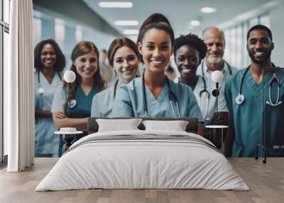 Portrait of a group of happy doctors, nurses, and other medical staff in a hospital. Wall mural