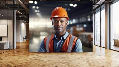 Portrait of African American worker in warehouse, Wear a white safety helmet and safety gear,Wear safety glasses. Wall mural