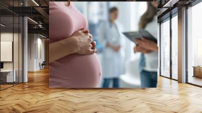 Preparing for baby birth. Close-up of a pregnant woman holding her belly having an appointment with a doctor at an antenatal clinic prenatal healthcare center. Wall mural