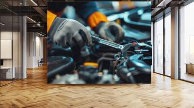 Professional car mechanic using a wrench to work on the engine of the car in the garage for car auto repair service and maintenance check concept for the vehicle before leaving. Car maintenance Wall mural