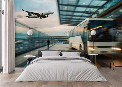 shuttle bus brought people to the airport for the flight, a modern white coach bus at an airport terminal. Wall mural