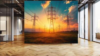 Silhouette of High-voltage power lines and high-voltage towers at sunset with the city in background. Electric energy concept. Wall mural