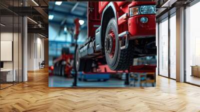 Truck on a lift at a truck service station. close-up of a car's undercarriage. Wall mural