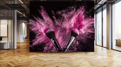 Two Makeup brushes with pink powder explosion on a black background. beauty product, banner for a professional makeup artist studio service, or cosmetics store branding concept. Wall mural