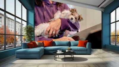 Woman working from home on laptop computer cuddling cute puppy Wall mural