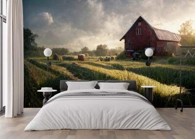 Beautiful landscape scene of a farm red barn next to fields of wheat Wall mural