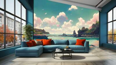 Beautiful sea cove, clouds and waves Wall mural